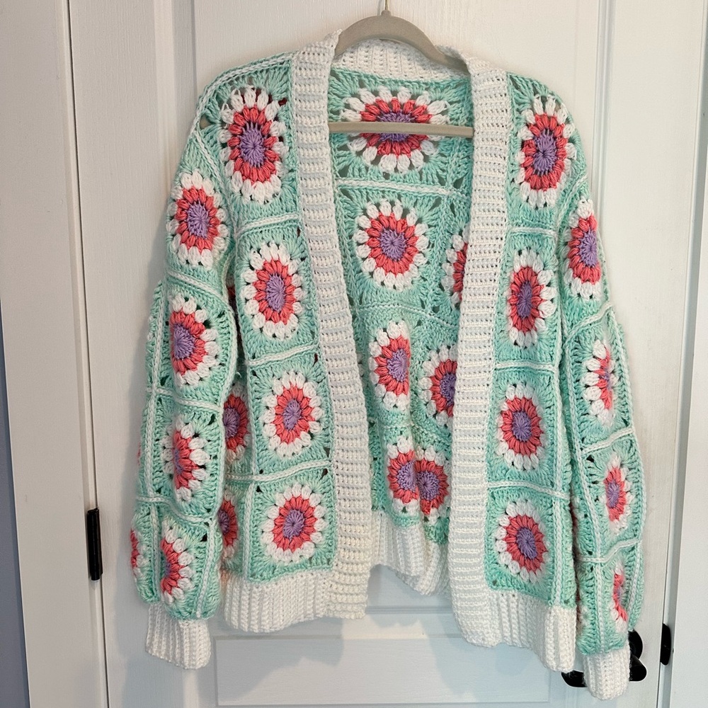 Crochet Patterned Women Sweater - Mint Green and White